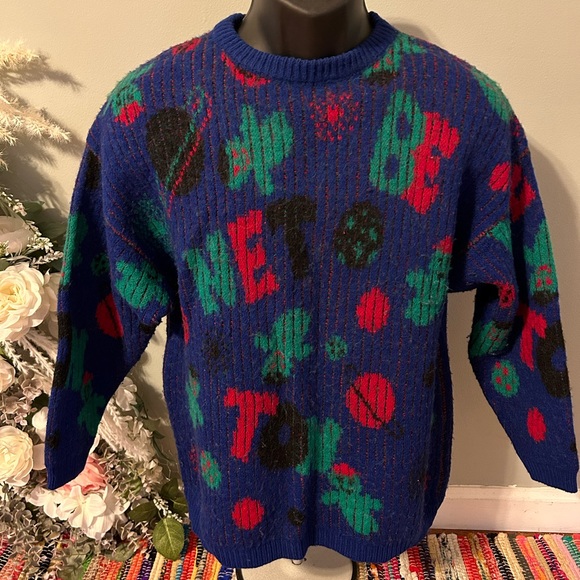 80s Benetton Ski Sweater Spellout Space Planets Ghosts Winter Medium Vintage - Picture 1 of 7
